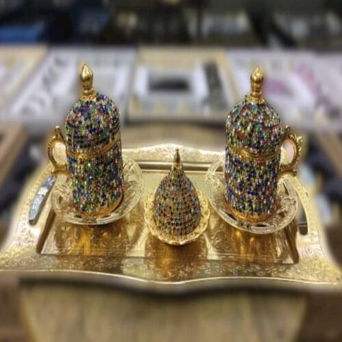 Turkish Coffee Set, Arabic Coffee Set, Gold Color Coffee Set for Two Person, Inlaid and Multi Color Stones, Swarovski Crystal Co
