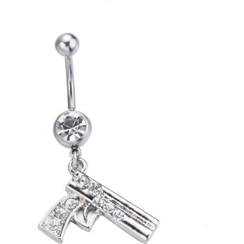 MODRSA 1Piece Rhinestone Gun Belly Button Ring Stainless Steel Barbell Dangle Navel Ring For Women Body Piercing Jewelry