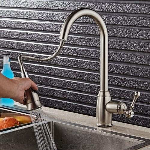 Kitchen Luxury Pull Out basin Faucet Solid Brass Brushed Swivel Pull Down Spray basin Tap Single Hole Water Tap Torneira