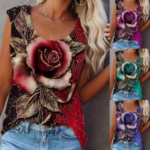 Summer V-neck Rose Sleeveless Vest Ladies Loose T-shirt Women Sleeveless Top Plus Size Sexy Vest Top Fashion T-shirt