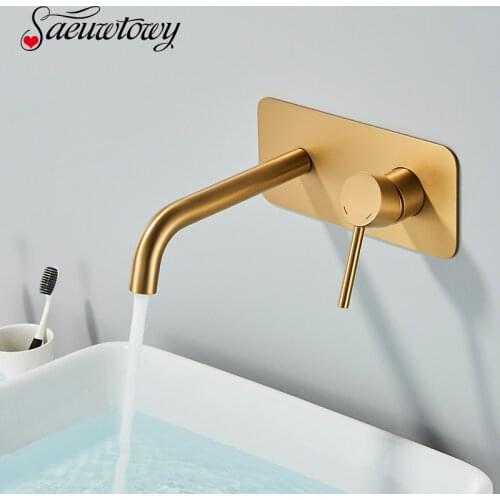 Brushed Golden Basin Sink Faucet Wall Mounted Single Handle Tap Bathroom Bass Hot Cold Water Mixer Tap With Embed Box