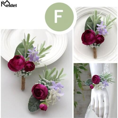 Meldel Artificial Rose Boutonniere Men Silk Ribbon Wedding Corsage Bracelet Flowers Wedding Planner Marriage Brooch Corsage Pins