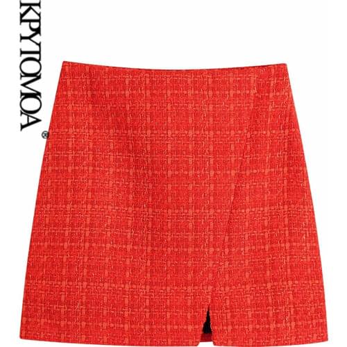 KPYTOMOA Women 2021 Fashion With Print Lining Front Slit Tweed Mini Skirt Vintage High Waist Side Zipper Female Skirts Mujer
