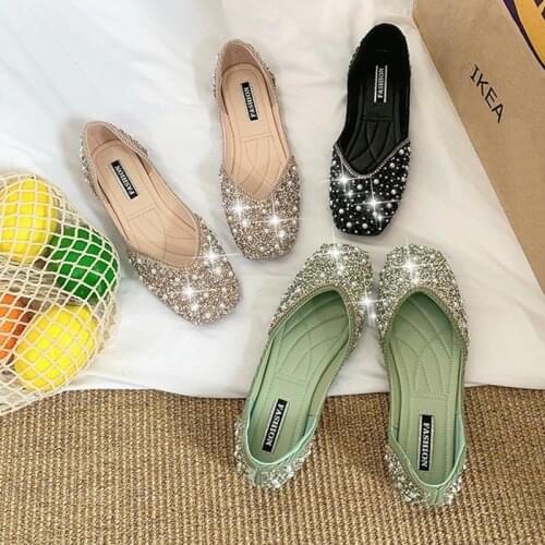 Flats Moccasins Female Glitter Crystal Pearl Studs Ballet Shoes Women Square Toe Slip On Loafers Cozy Shallow Cut-Out