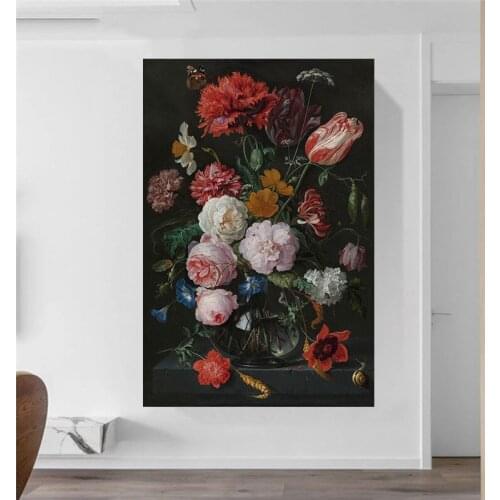 Still Life with Flowers in a Glass Vase Canvas Painting on Wall Art Poster and Prints Baroque Picture for Living Room Home Decor