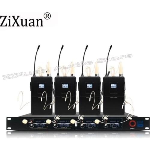 Professional 4-Channel UHF Wireless Microphone System 4 Headset Microphones with Bodypack Transmitters + 1 Rack-Mount Receiver