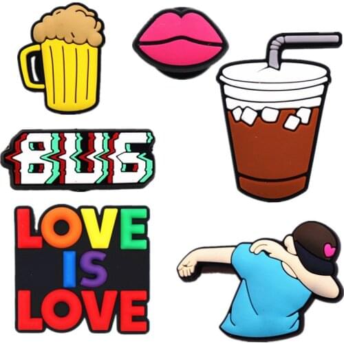 Luxury New Love Shoe Charms Mouth Spacecraft Juvenile Coffee Beer PVC Shoe Accessories Decoration Fit Croc Jibz Party Kids Gifts