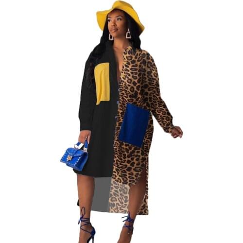 Sexy Womens Casual Loose Long Shirt Leopard Print Patchwork Pocket Dress Fashion African Clothing Beach Party Lrregular Dress