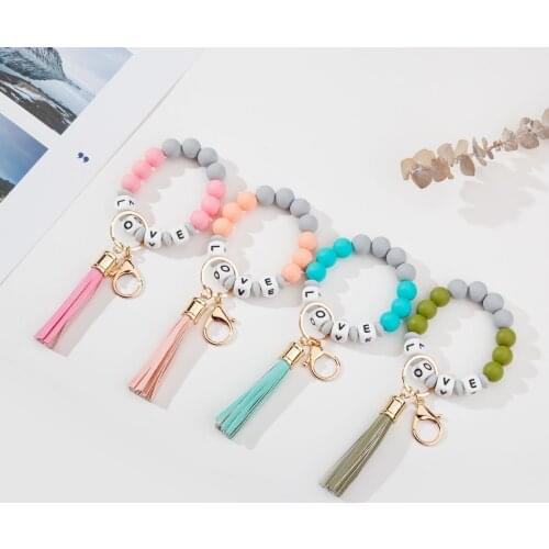 Silicone Keychain For Keys Tassel Wood Beads Bracelet Keyring For Women Multicolor Beads Keychain Fashion Keychain Wholesale