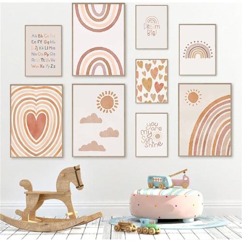 Boho Sun Rainbow Canvas Posters Alphabet ABC Painting Abstract Heart Print Quotes Wall Art Pictures Nursery Baby Room Decoration