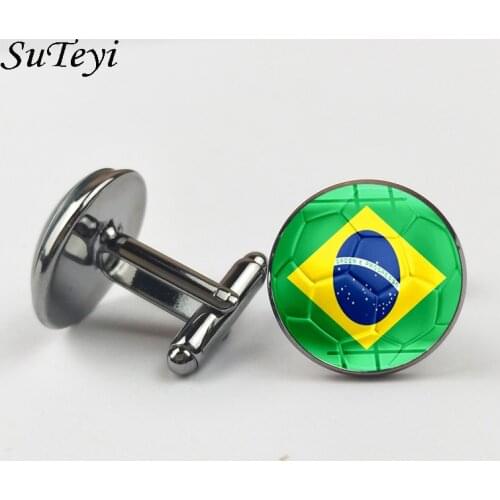 SUTEYI Hot Brazil Flag Football Print Cufflinks For Men Husband Gifts Glass Dome Pattern Shirt Suit Charms Jewelry New Arrival