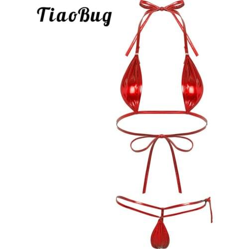 TiaoBug Hot Sexy Women Shiny Metallic Spaghetti Straps Erotic Lingerie Set Micro Bikini Trikini Swimsuit Underwear Nightwear