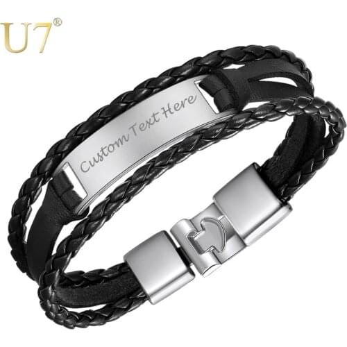 U7 Vintage PU Leather Cord Black Bracelet For Men Zinc Alloy Punk Charm Bracelets Bangle Male Birthday Party Jewelry Gift H1075