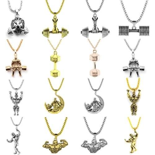 Vintage Sport Fitness Necklace Gym Weightlifting Kettlebell Dumbbell Muscular Hercules Dumbbell Pendant Necklace Sport Jewelry