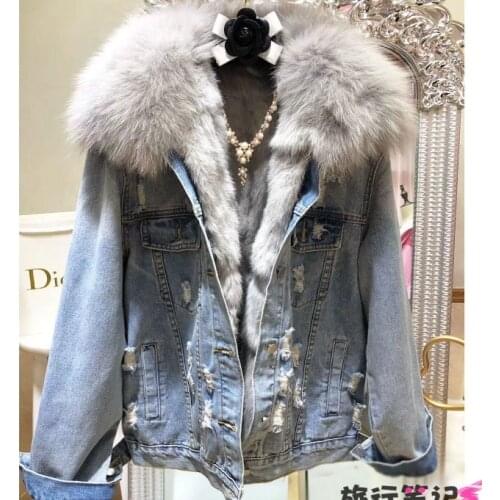 Natural Fox Fur Collar + New Removable Real Rabbit Hair Inner Thickened Warm Denim Jacket Winter Coat Women Warm Coats Jacket