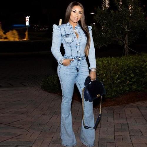 2021 Autumn and Winter Casual Denim Jumpsuit Ladies Slim Jumpsuit Full Sleeve Denim Flared Jeans Fashion Sexy Nightclub Party