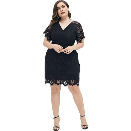 Womens V-neck Lace Plus Size XL-4XL Dress Party Sexy Cocktail Evening Slim XXXL 3XL XXXXL Summer Elegant Dresses For 120KG Woman
