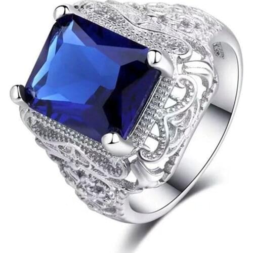 Elegant Silver Color Hollow Craved Pattern Inlaid Blue Crystal Rhinestone Cubic Zircon Female Metal Ring for Women Party Jewelry