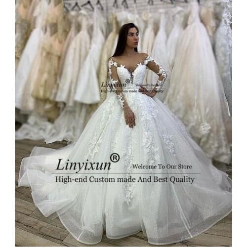White Tulle Lace Appliques Long Sleeves V-Neck Floor-Length Ball Gown Wedding Dresses Chapel Train Custom Made vestidos de novia