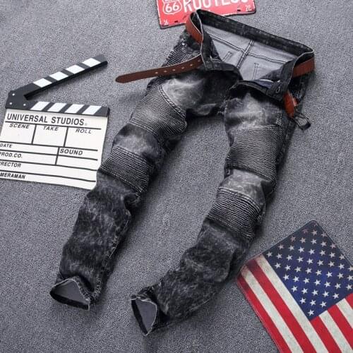 2017 Fashion Locomotive Wrinkled Jeans Mens Large Size Youth Slim Stretch Feet Pants Tide Snowflakes