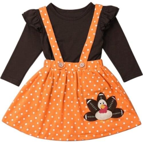 Children Spring Autumn Suits Long-sleeved Polka Dot Print Thanksgiving Firebird Suspender +Skirt Two-piece Sets Autumn