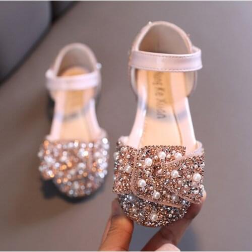 Children Fashion Sandals Bow Rhinestone Girls Princess Leather Shoes Kids Summer Elegant Party Dance Sandals