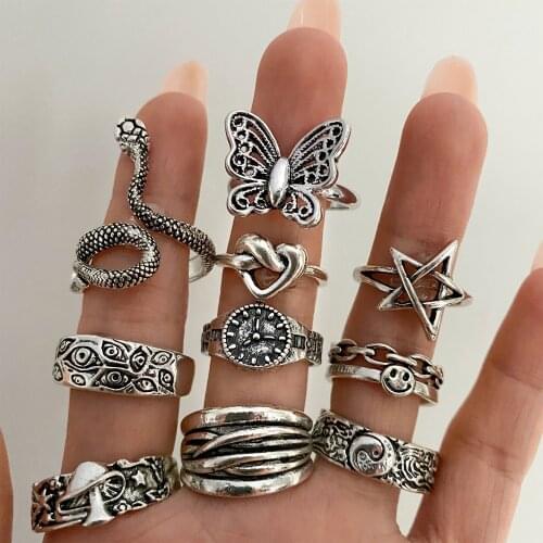 FNIO Vintage Silver Color Owl Snake Ring for Womens Gothic Punk Steampunk Heart Butterfly Rings Party Jewelry 2021
