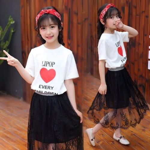 Girls Clothes Summer Kids Fashion Girl 2020 White Heart Print T-Shirt + Skirt Set Teen For 4 6 8 10 12 Years Kids Clothes Girls