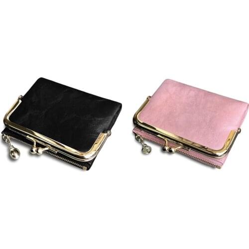 Hot kf-2 Pcs WomenS Short Wallet Bifold Retro Multifunction Coin Purse with Zip and Kiss Lock, Black & Pink