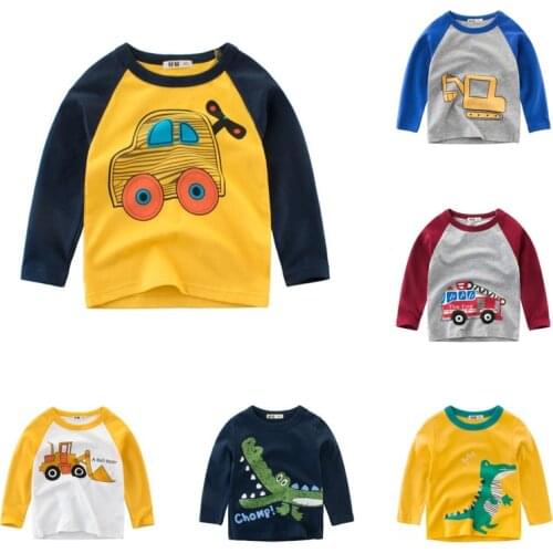 Spring Boys T-shirt Kids Tees Baby Child Boy Cartoon Children Tee Long Sleeve Stitching Cotton Cars Patchwork Autumn TB0275