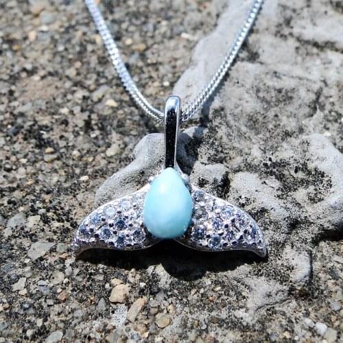 Beautiful 925 Sterling Silver Natural Dominca Larimar Whale Tail Pendant Necklace For Gift