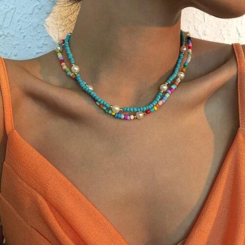 Lalynnly Bohemian Style Refreshing Colorful Double Layer Simulation Pearl Beaded Neck Jewelry Women Accessories Necklaces N9222