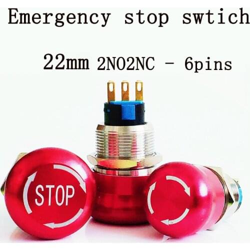 22mm Metal aluminum Emergency stop switch Push Button Switch latching 2NO 2NC Car press button pin terminal metal push button