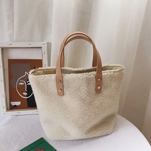 Fashion Women Autumn Winter Splicing Plush PU Handbags Casual Pure Color Female Large Capacity Shoulder Handbags