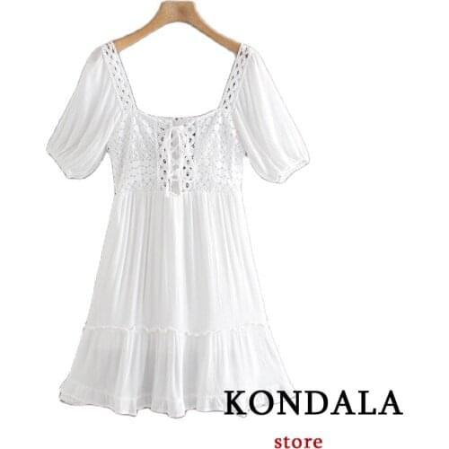 KONDALA Women Dress Za 2021 Fashion Solid Lace Stitching Hollow 100%Cotton Dress Female Half Sleeve Sexy Mid Mujer Vestidos
