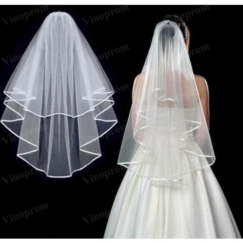 Wedding Simple Tulle White Color Two Layers Bridal Veil Ribbon Edge Cheap Bride Accessories Women Veil with Comb