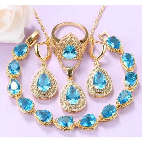 Wedding-Engagement Fashion Women Accessories Gold Color Jewelry Sets Sky Blue CZ Earrings Pendant Bracelet Ring Sets