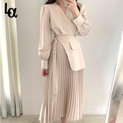 Luck A 2021 Spring Korea Chic V-neck Cross Belt False Pleated Long Blazer Dress Long Sleeve Spring Work Dress Office Lady Dress