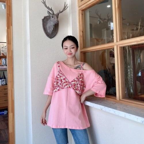 New Fashion Vacation Two Pieces Summer Cotton Medium Length Loose Large Size Hong Kong Short Sleeve T-shirt Female Harajuku