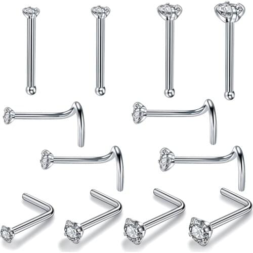 1PC Fashion Nose Studs Nariz Screw Rings Steel 1.5/2/2.5/3mm Prong Gem Bone L Shape Nostril Earring Piercing 20G Womens Jewelry