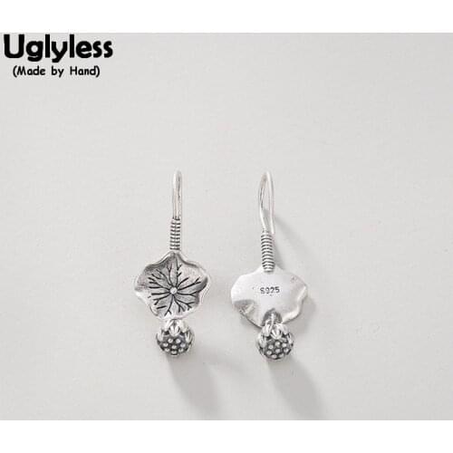 Uglyless Real 925 Sterling Silver Handmade Lotus Leaf Earrings for Women Traditional Lotus Dangle Earrings Thai Silver Jewelry