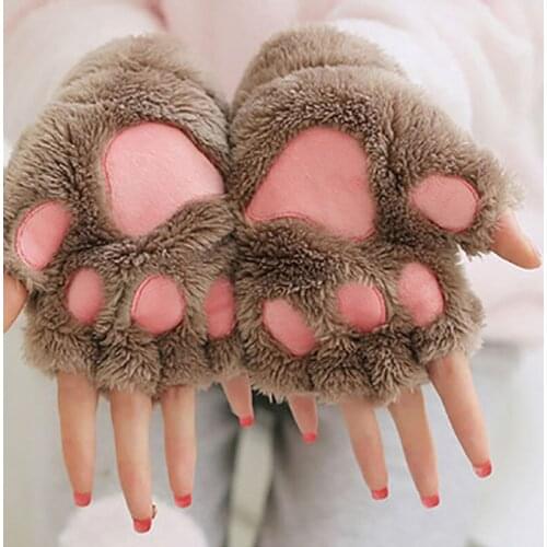 Women Warm Plush Gloves Cute Bear Cat Claw Paw Mittens Girls Soft Half Finger Gloves For Christmas Halloween Party Gifts
