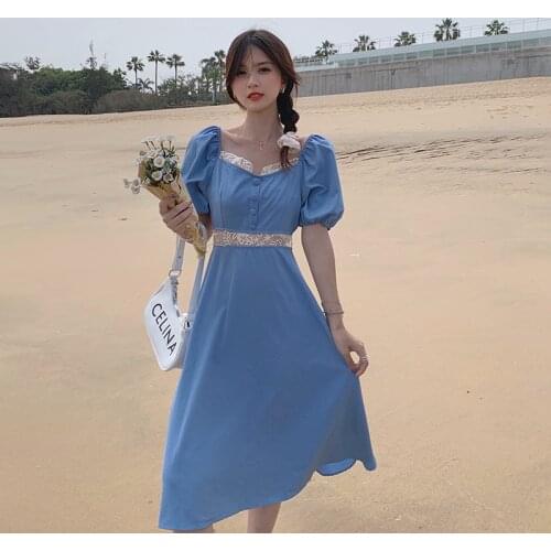 Summer WomenS Midi French Retro Sexy Lace Stitching Fashion Waist Slimming Puff Sleeve One Piece Dress Korean Clothing 2021 New