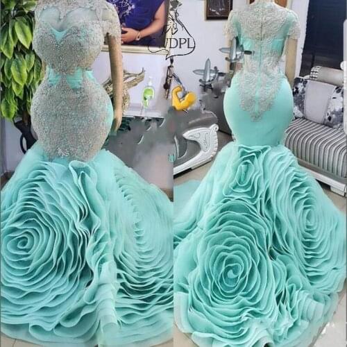 Mint Green Mermaid Prom Dresses 2020 Luxury Appliques Ruched Ruffles Evening Gowns Short Sleeve Beaded Women Formal Party Dress