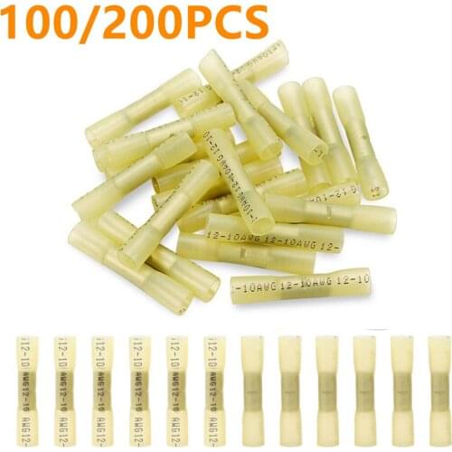 100/200Pcs Yellow Heat Shrink Crimp Terminals Insulated Waterproof Seal Sleeve Electrical Wire Butt Connector Terminal 12-10 AWG