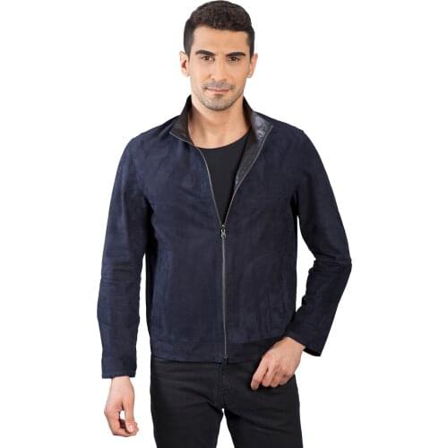 %100 Genuine Leather Suede Men Two- Sided Navy Blue light Soft Coats jacket zipper