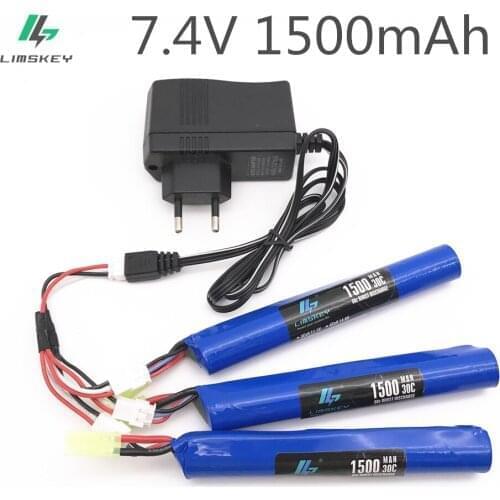 Limskey Power gun battery 3pcs and charger 7.4V 1500MAH 30C AKKU Mini airsoft pistola metal toys Gun Battery Tamiya parts 18650