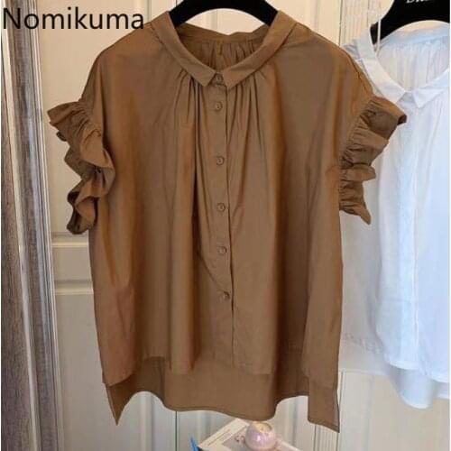 Nomikuma Plus Size 3XL Blouse Women O Neck Unicolor Basic Tops Single Breasted Asymmetry Shirts Blusas Mujer 2021 New Arrival