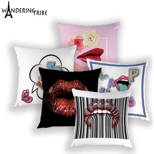 Lips Pillow Cover Letter Decoration Cushions Cases Polyester Pillows Covers Colorful Lattice Car Bed Cushion Case Kissenbezug