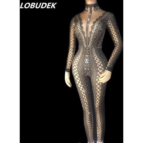 Black Spandex Elastic Jumpsuit Rhinestones One Piece Bodysuit Sexy Nightclub Female Singer Stage Outfit Dance Costume 3 Colors
